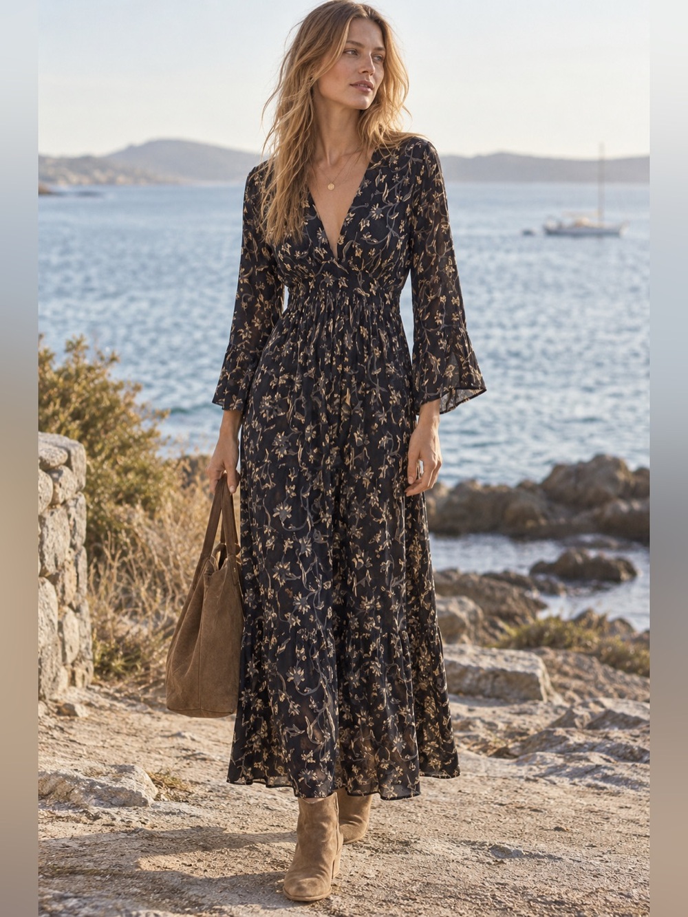 Doen Black Tiered Maxi Dress with Beige Floral Print-Romantic Boho Size XS